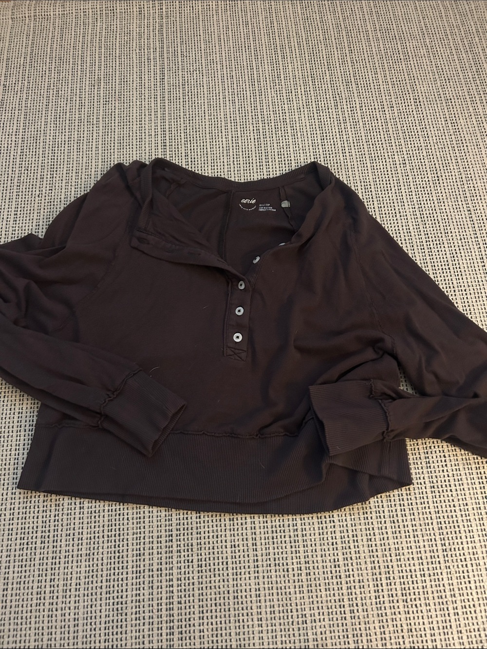 aerie Cropped Henley Sweatshirt in brown